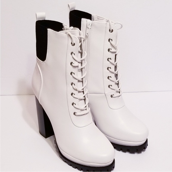 Calico Shoes - Lace-Up White Ankle Booties with Chunky Heel